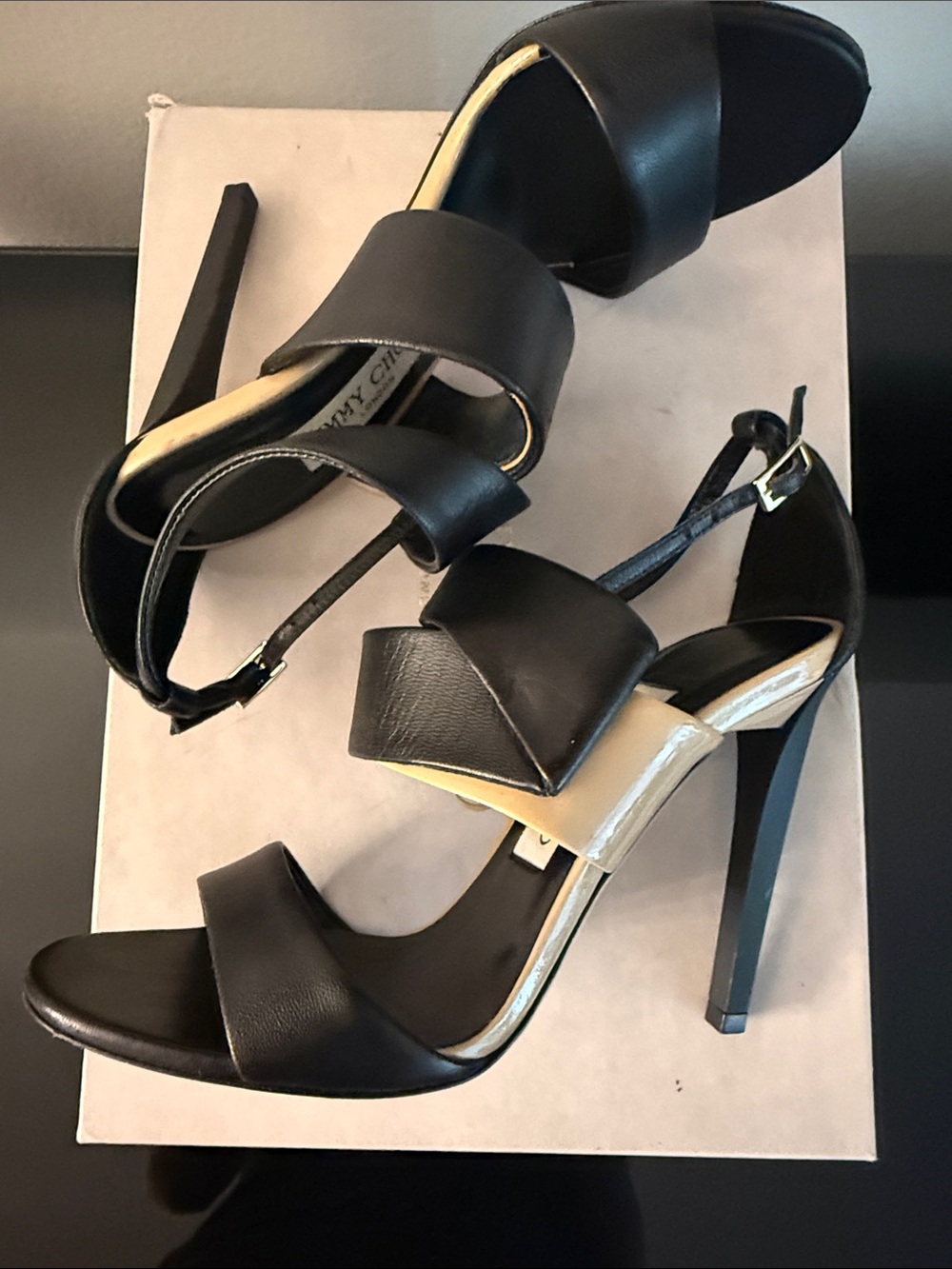 Jimmy Choo Black and Tan Leather High-Heel Sandal